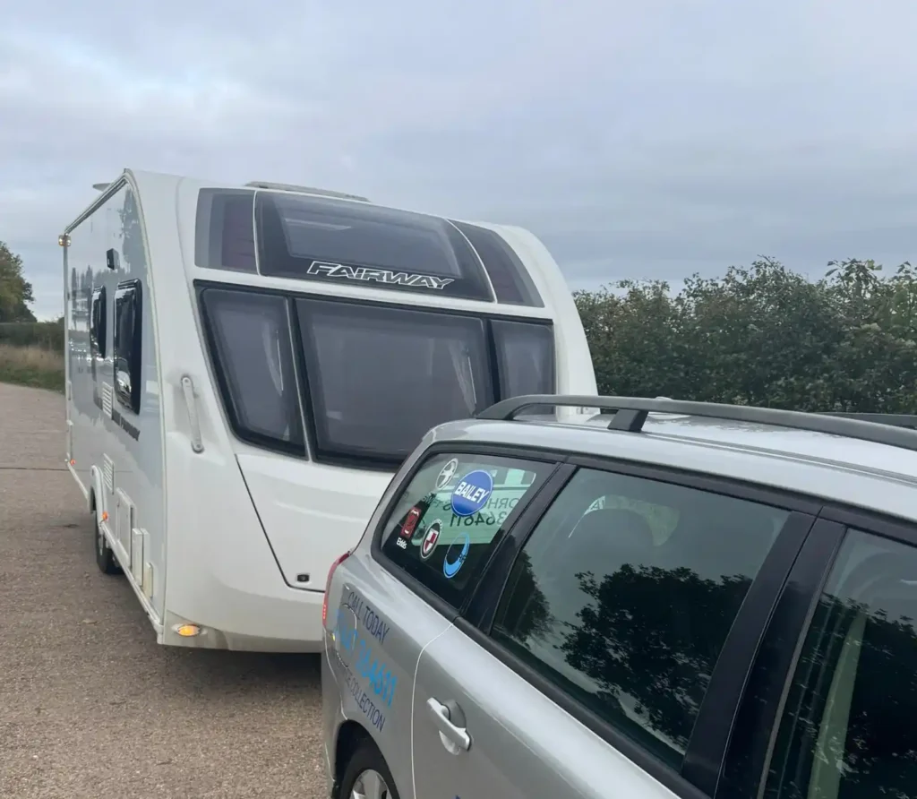 Touring caravan hitched up and ready to leave